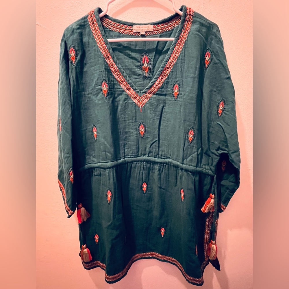 Cost Plus World Market Teal Embroidered Tunic